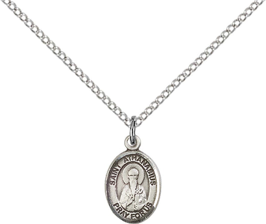 Sterling Silver St. Athanasius Pendant with 18 inch Sterling Silver Light Curb Chain - Small