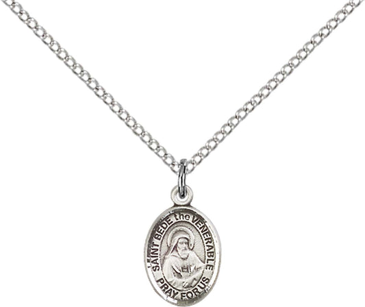 Sterling Silver St. Bede the Venerable Pendant with 18 inch Sterling Silver Light Curb Chain - Small