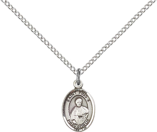 Sterling Silver St. Pius X Pendant with 18 inch Sterling Silver Light Curb Chain - Small