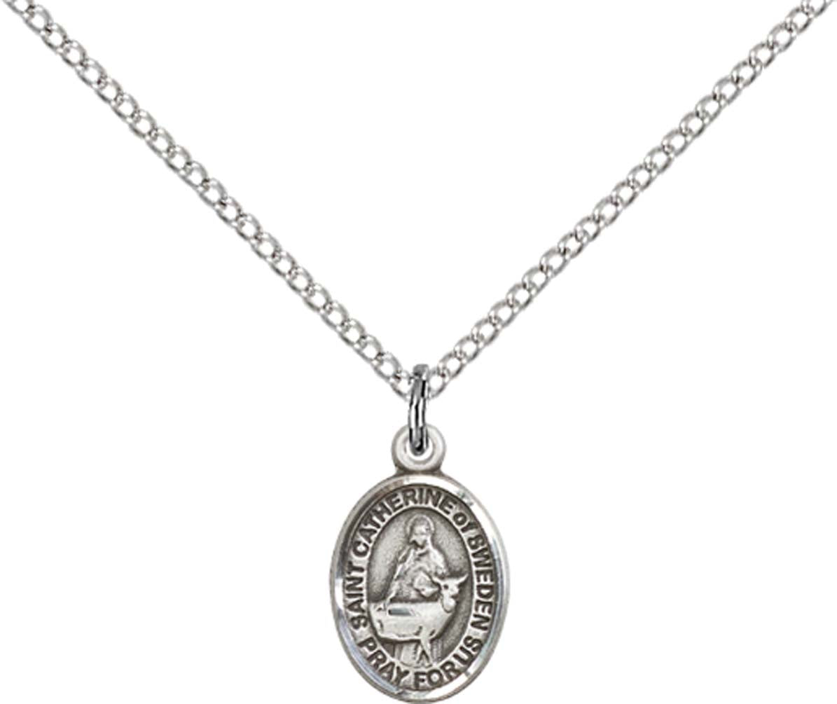 Sterling Silver St. Catherine Of Sweden Pendant with 18 inch Sterling Silver Light Curb Chain - Small