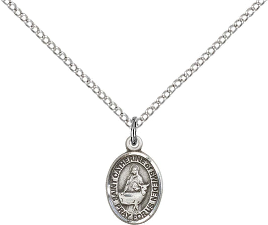 Sterling Silver St. Catherine Of Sweden Pendant with 18 inch Sterling Silver Light Curb Chain - Small