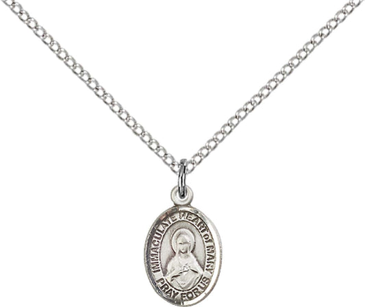 Sterling Silver Immaculate Heart of Mary Pendant with 18 inch Sterling Silver Light Curb Chain - Small