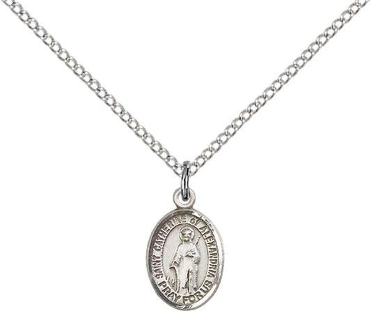 Sterling Silver St. Catherine of Alexandria Pendan with 18 inch Sterling Silver Light Curb Chain - Small