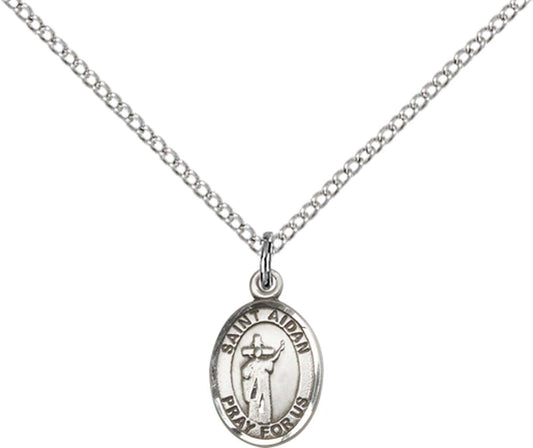Sterling Silver St. Aidan Of Lindesfarne Pendant with 18 inch Sterling Silver Light Curb Chain - Small