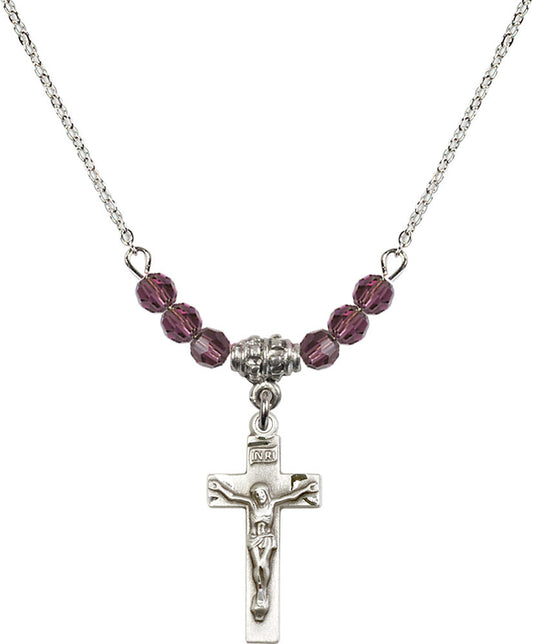 Sterling Silver Crucifix Birthstone Necklace with Amethyst Beads - 0006