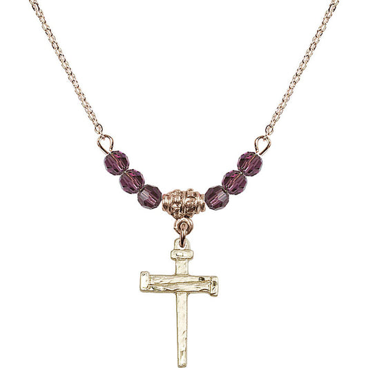 14kt Gold Filled Nail Cross Birthstone Necklace with Amethyst Beads - 0012