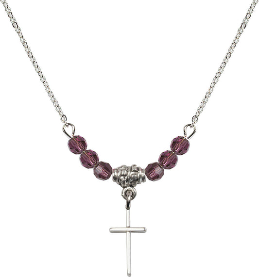 Sterling Silver Cross Birthstone Necklace with Amethyst Beads - 0014