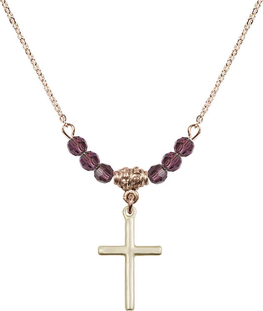 14kt Gold Filled Cross Birthstone Necklace with Amethyst Beads - 0017