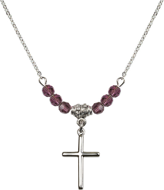 Sterling Silver Cross Birthstone Necklace with Amethyst Beads - 0017