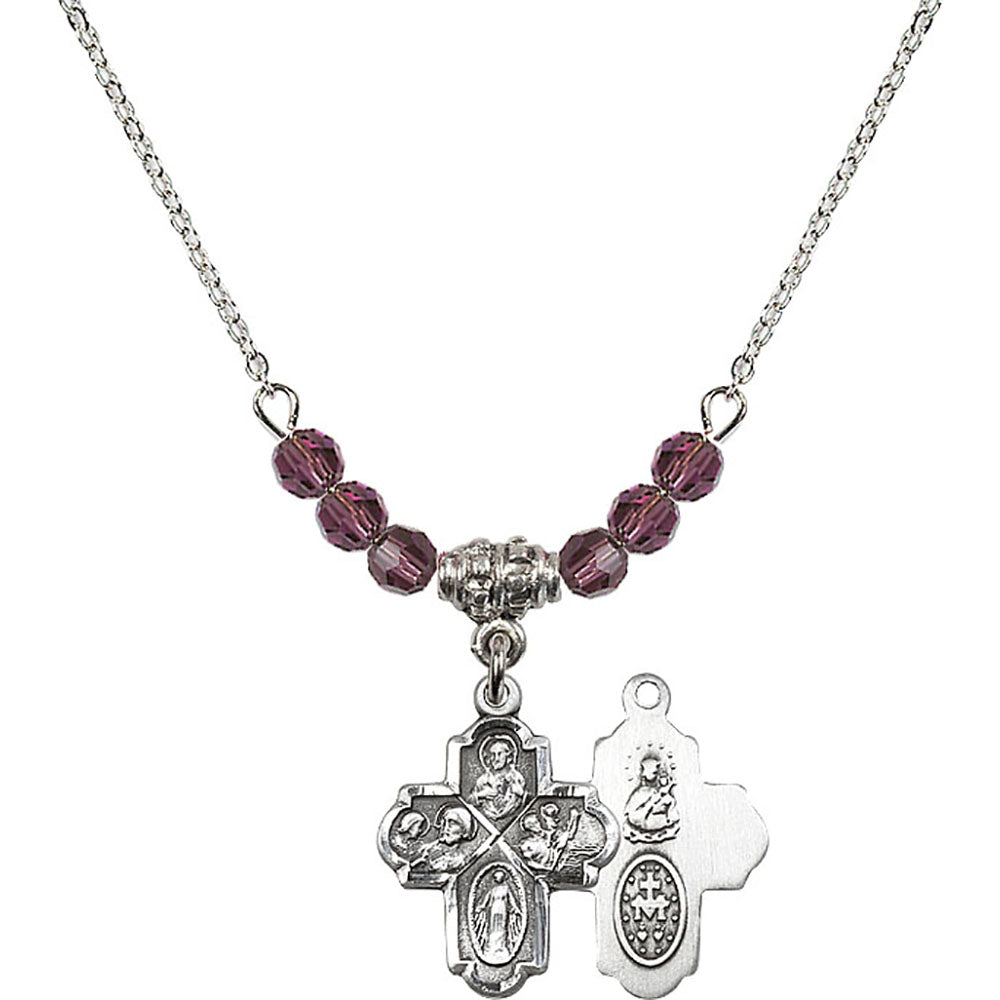 Sterling Silver 4-Way Birthstone Necklace with Amethyst Beads - 0047