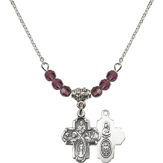 Sterling Silver 4-Way Birthstone Necklace with Amethyst Beads - 0047