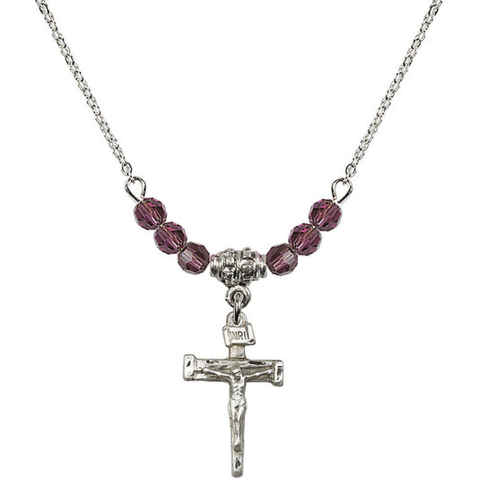 Sterling Silver Nail Crucifix Birthstone Necklace with Amethyst Beads - 0072