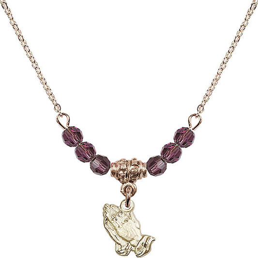 14kt Gold Filled Praying Hands Birthstone Necklace with Amethyst Beads - 0220