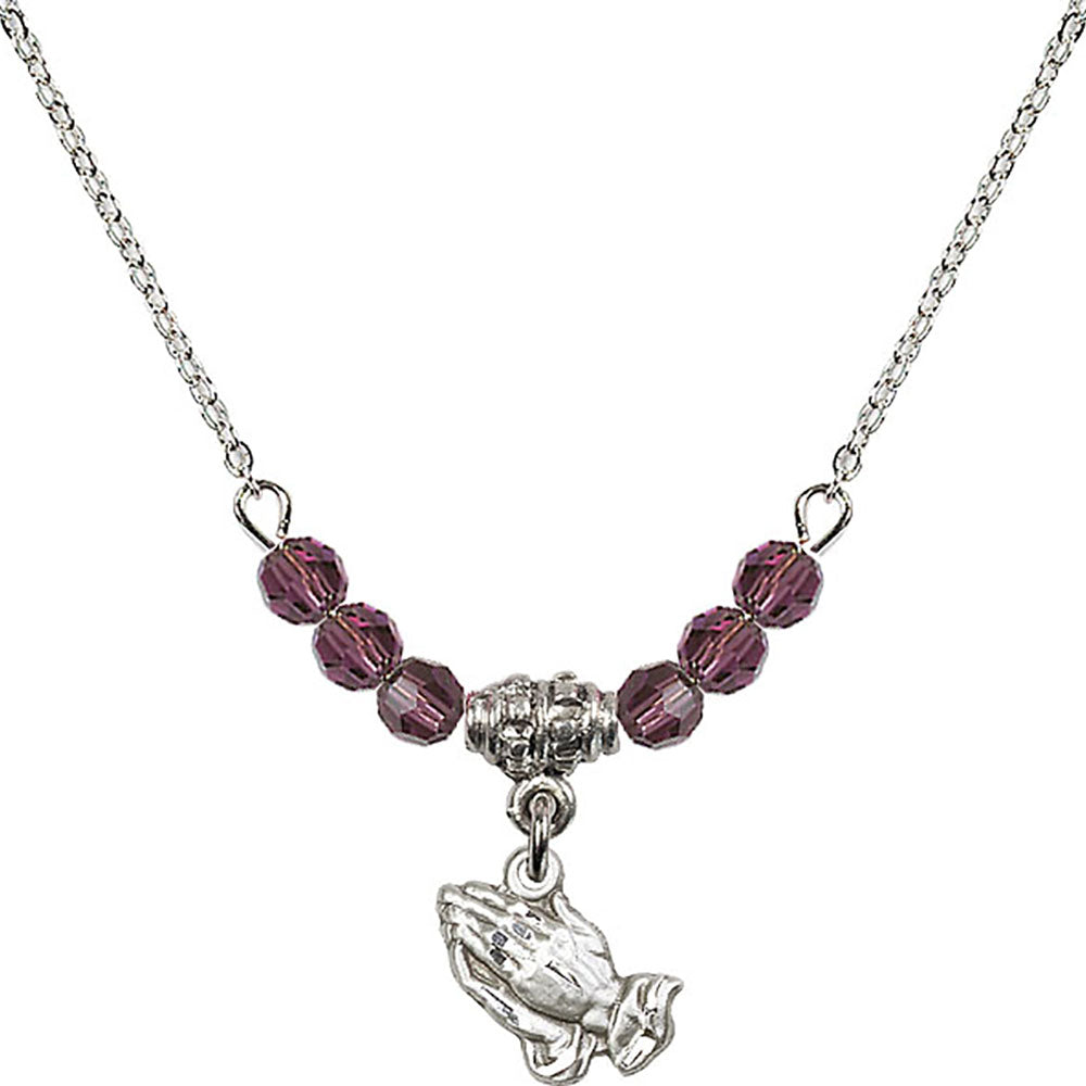 Sterling Silver Praying Hands Birthstone Necklace with Amethyst Beads - 0220