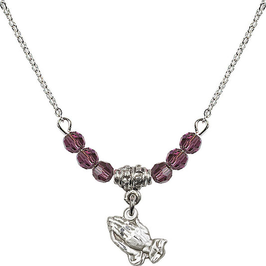Sterling Silver Praying Hands Birthstone Necklace with Amethyst Beads - 0220