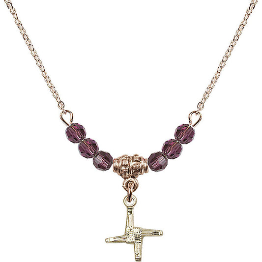 14kt Gold Filled Saint Brigid Cross Birthstone Necklace with Amethyst Beads - 0291