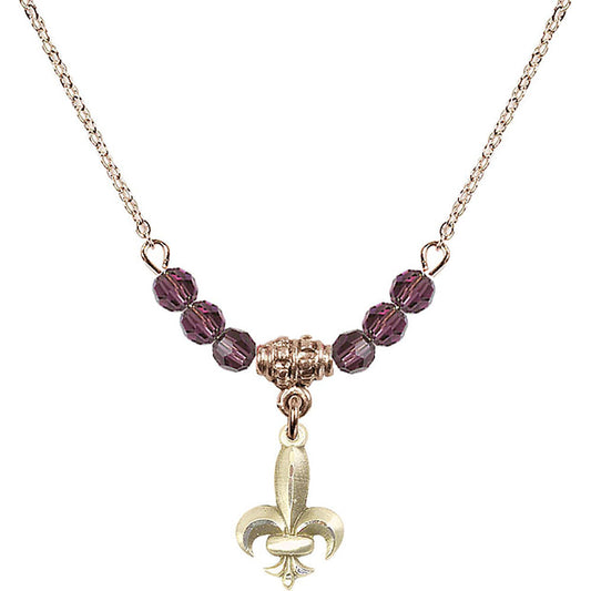 14kt Gold Filled Fleur de Lis Birthstone Necklace with Amethyst Beads - 0293