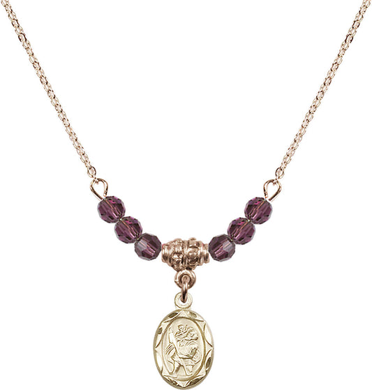 14kt Gold Filled Saint Christopher Birthstone Necklace with Amethyst Beads - 0301