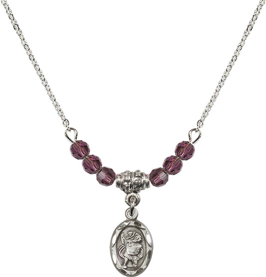 Sterling Silver Saint Christopher Birthstone Necklace with Amethyst Beads - 0301