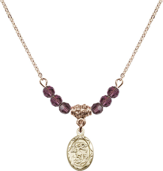 14kt Gold Filled Saint Michael the Archangel Birthstone Necklace with Amethyst Beads - 0301
