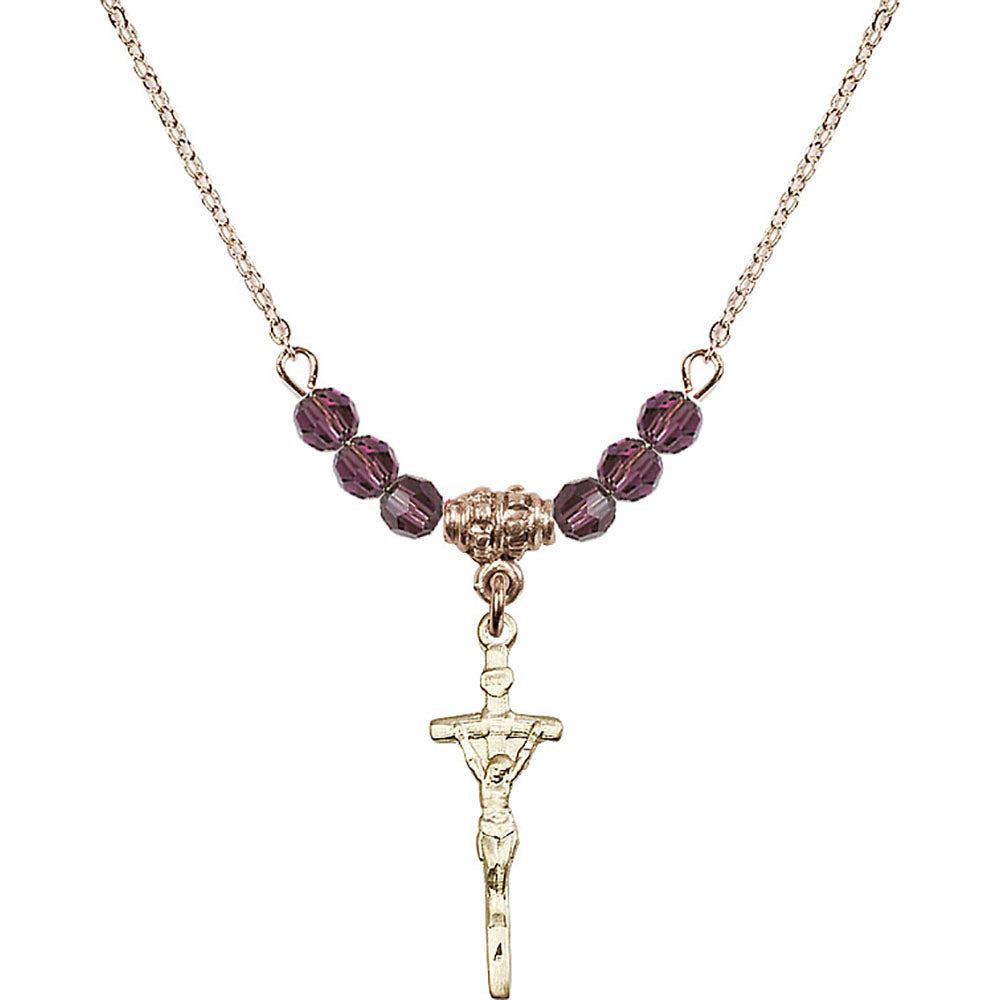 14kt Gold Filled Papal Crucifix Birthstone Necklace with Amethyst Beads - 0563