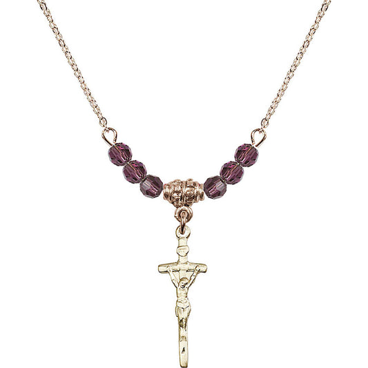 14kt Gold Filled Papal Crucifix Birthstone Necklace with Amethyst Beads - 0563