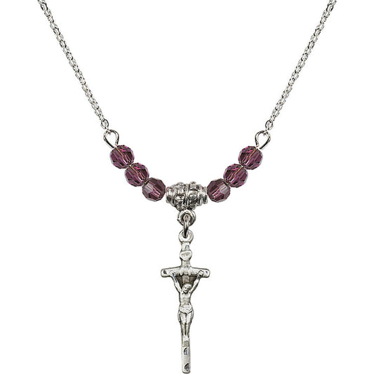 Sterling Silver Papal Crucifix Birthstone Necklace with Amethyst Beads - 0563