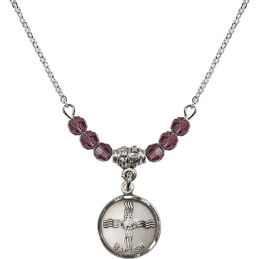 Sterling Silver Baptism Birthstone Necklace with Amethyst Beads - 0601