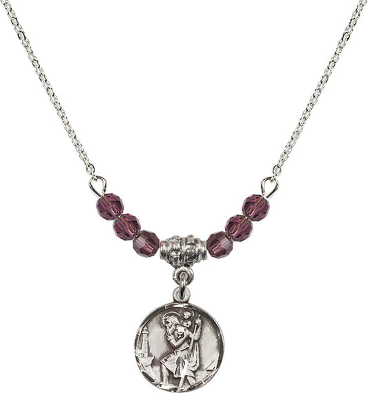 Sterling Silver Saint Christopher Birthstone Necklace with Amethyst Beads - 0601