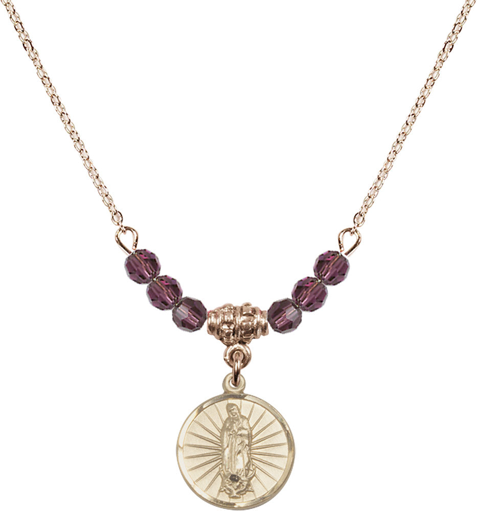 14kt Gold Filled Our Lady of Guadalupe Birthstone Necklace with Amethyst Beads - 0601