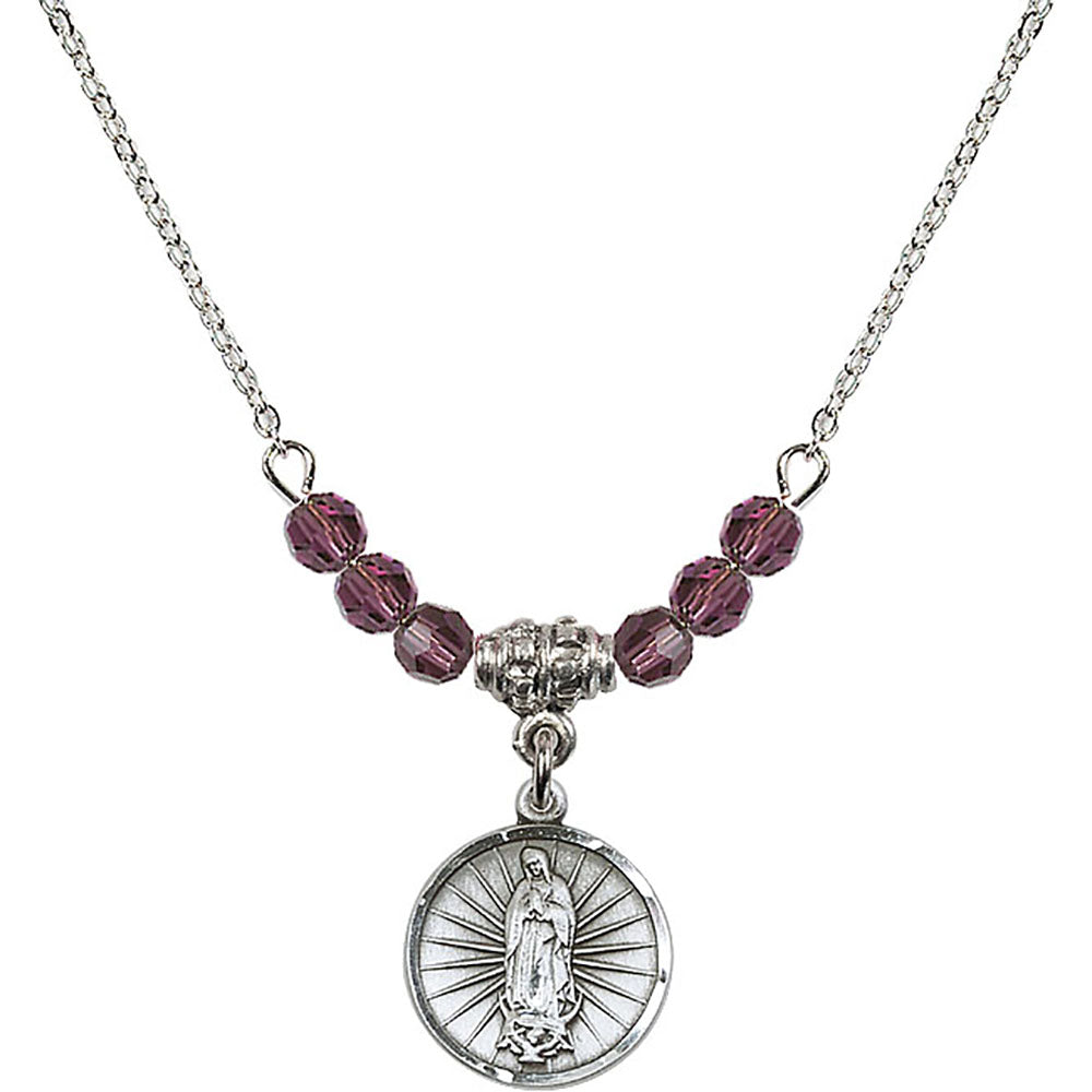 Sterling Silver Our Lady of Guadalupe Birthstone Necklace with Amethyst Beads - 0601