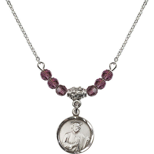 Sterling Silver Saint Jude Birthstone Necklace with Amethyst Beads - 0601
