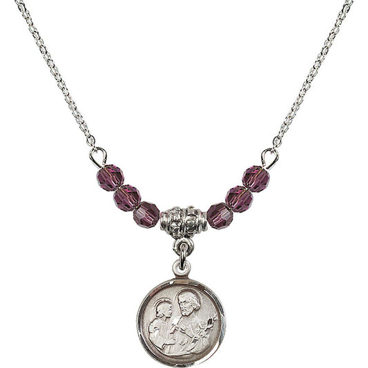 Sterling Silver Saint Joseph Birthstone Necklace with Amethyst Beads - 0601