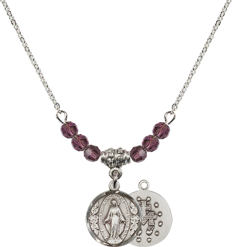 Sterling Silver Miraculous Birthstone Necklace with Amethyst Beads - 0601