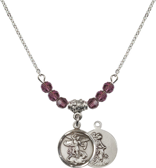 Sterling Silver Saint Michael the Archangel Birthstone Necklace with Amethyst Beads - 0601
