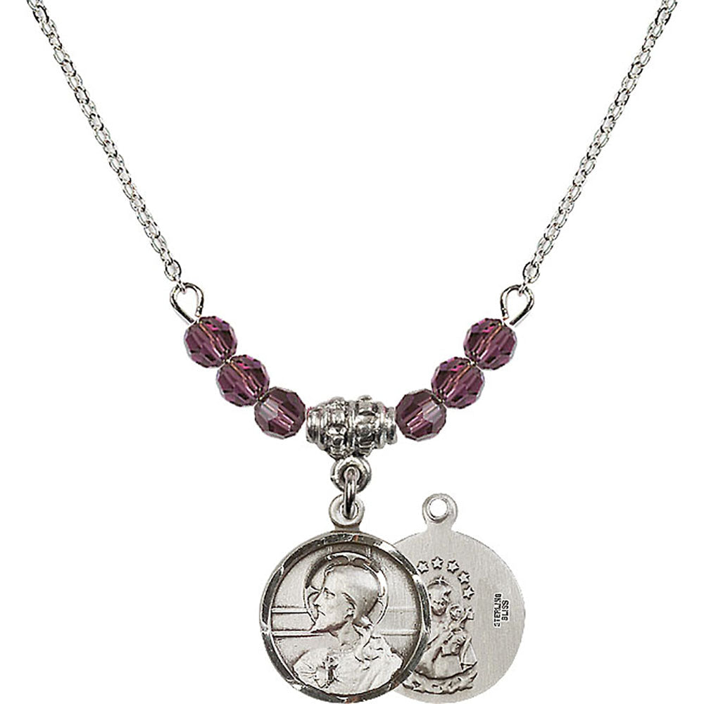 Sterling Silver Scapular Birthstone Necklace with Amethyst Beads - 0601