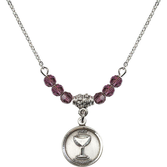 Sterling Silver Communion Birthstone Necklace with Amethyst Beads - 0601