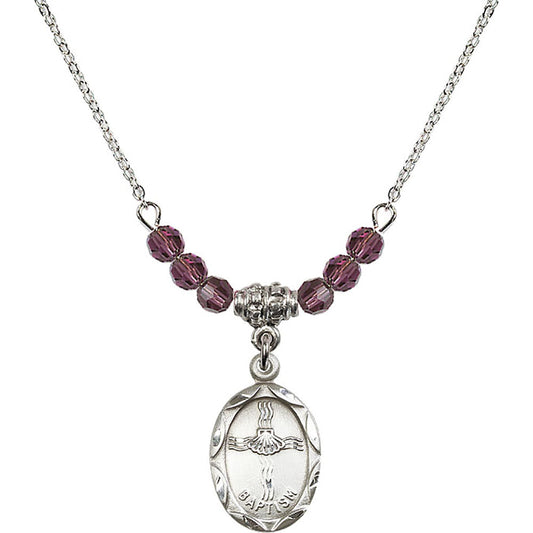 Sterling Silver Baptism Birthstone Necklace with Amethyst Beads - 0612