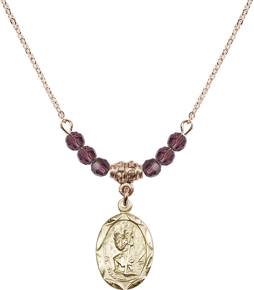 14kt Gold Filled Saint Christopher Birthstone Necklace with Amethyst Beads - 0612