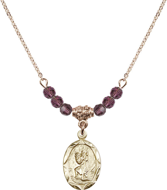 14kt Gold Filled Saint Christopher Birthstone Necklace with Amethyst Beads - 0612