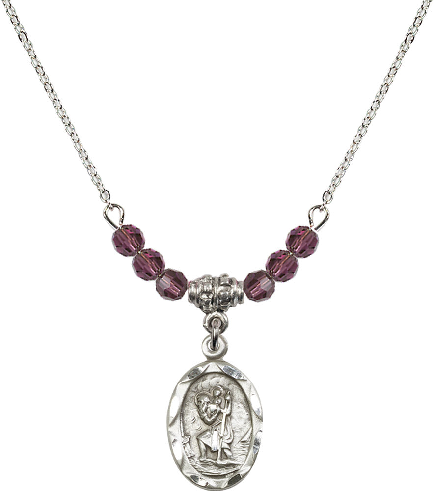 Sterling Silver Saint Christopher Birthstone Necklace with Amethyst Beads - 0612