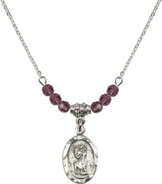 Sterling Silver Saint Christopher Birthstone Necklace with Amethyst Beads - 0612