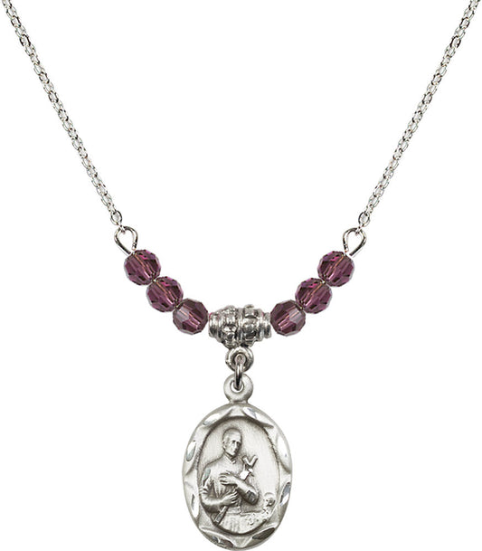 Sterling Silver Saint Gerard Birthstone Necklace with Amethyst Beads - 0612