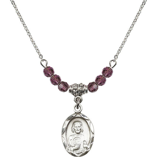 Sterling Silver Saint Jude Birthstone Necklace with Amethyst Beads - 0612