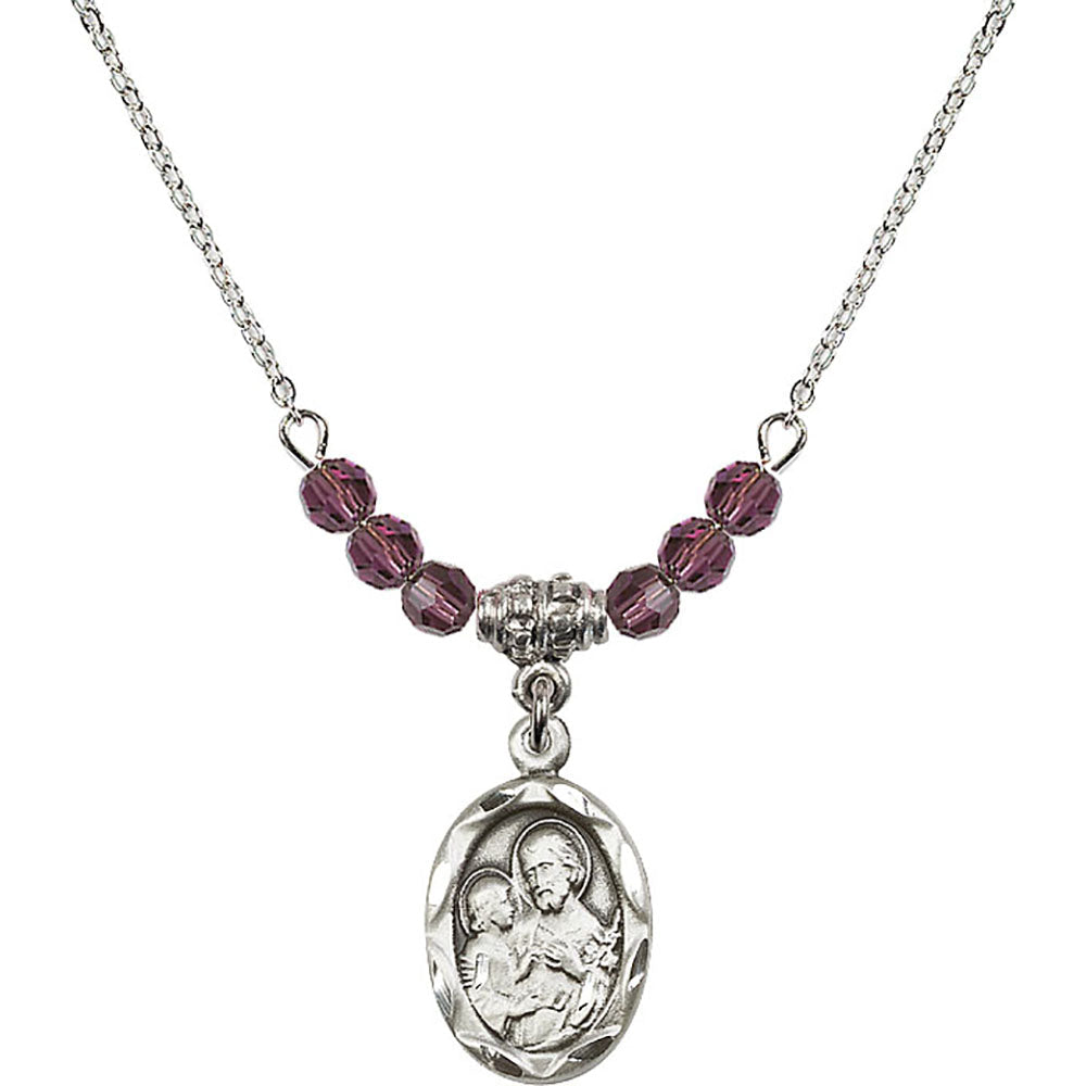 Sterling Silver Saint Joseph Birthstone Necklace with Amethyst Beads - 0612