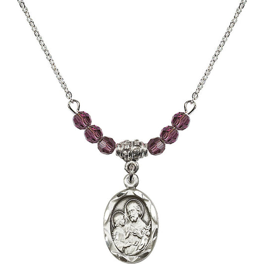 Sterling Silver Saint Joseph Birthstone Necklace with Amethyst Beads - 0612