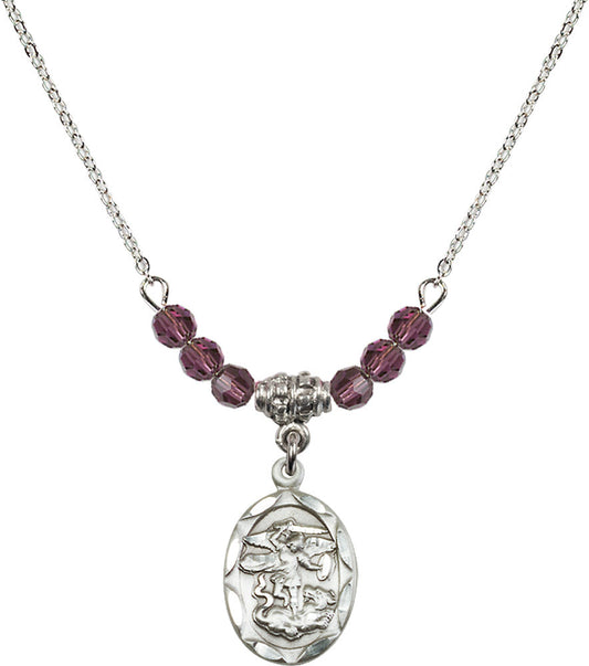 Sterling Silver Saint Michael the Archangel Birthstone Necklace with Amethyst Beads - 0612