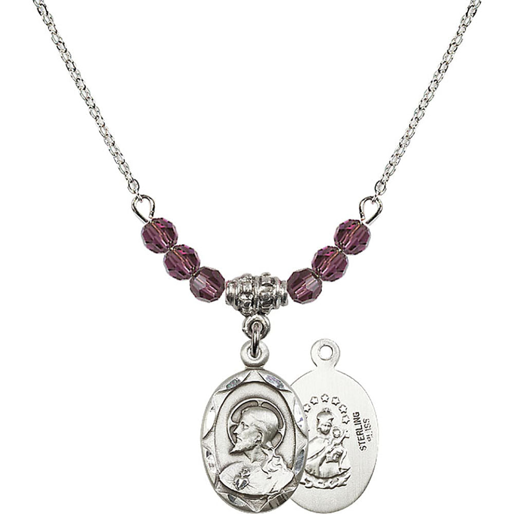 Sterling Silver Scapular Birthstone Necklace with Amethyst Beads - 0612