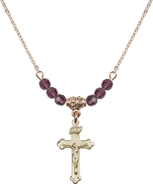14kt Gold Filled Crucifix Birthstone Necklace with Amethyst Beads - 0669