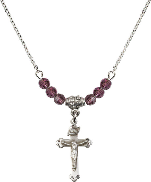 Sterling Silver Crucifix Birthstone Necklace with Amethyst Beads - 0669